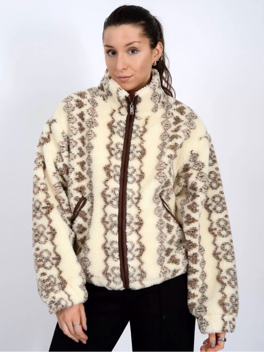Women's Cream & Brown Teddy Zip Jacket with Pattern